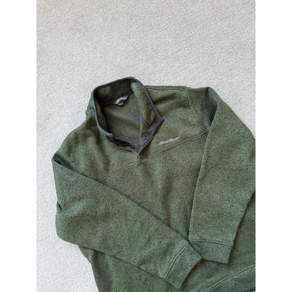 Eddie‎ Bauer Mens XXL Green Heathered Snap Mock Neck Fleece Pullover Sweater